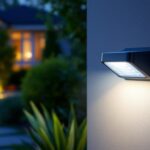 A photograph of a well-lit outdoor scene featuring a motion-activated security light in action