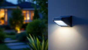 A photograph of a well-lit outdoor scene featuring a motion-activated security light in action