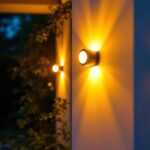 A photograph of a beautifully illuminated outdoor space featuring various wall mount lighting fixtures