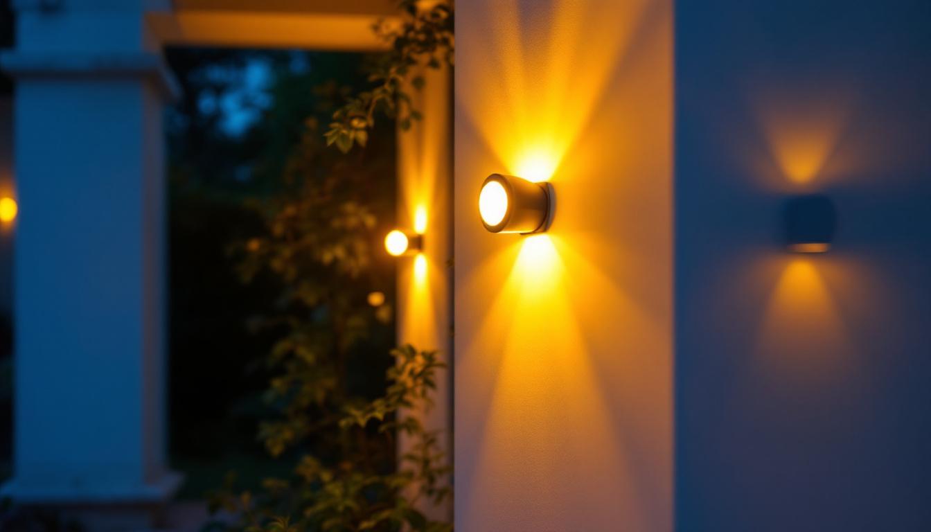 A photograph of a beautifully illuminated outdoor space featuring various wall mount lighting fixtures