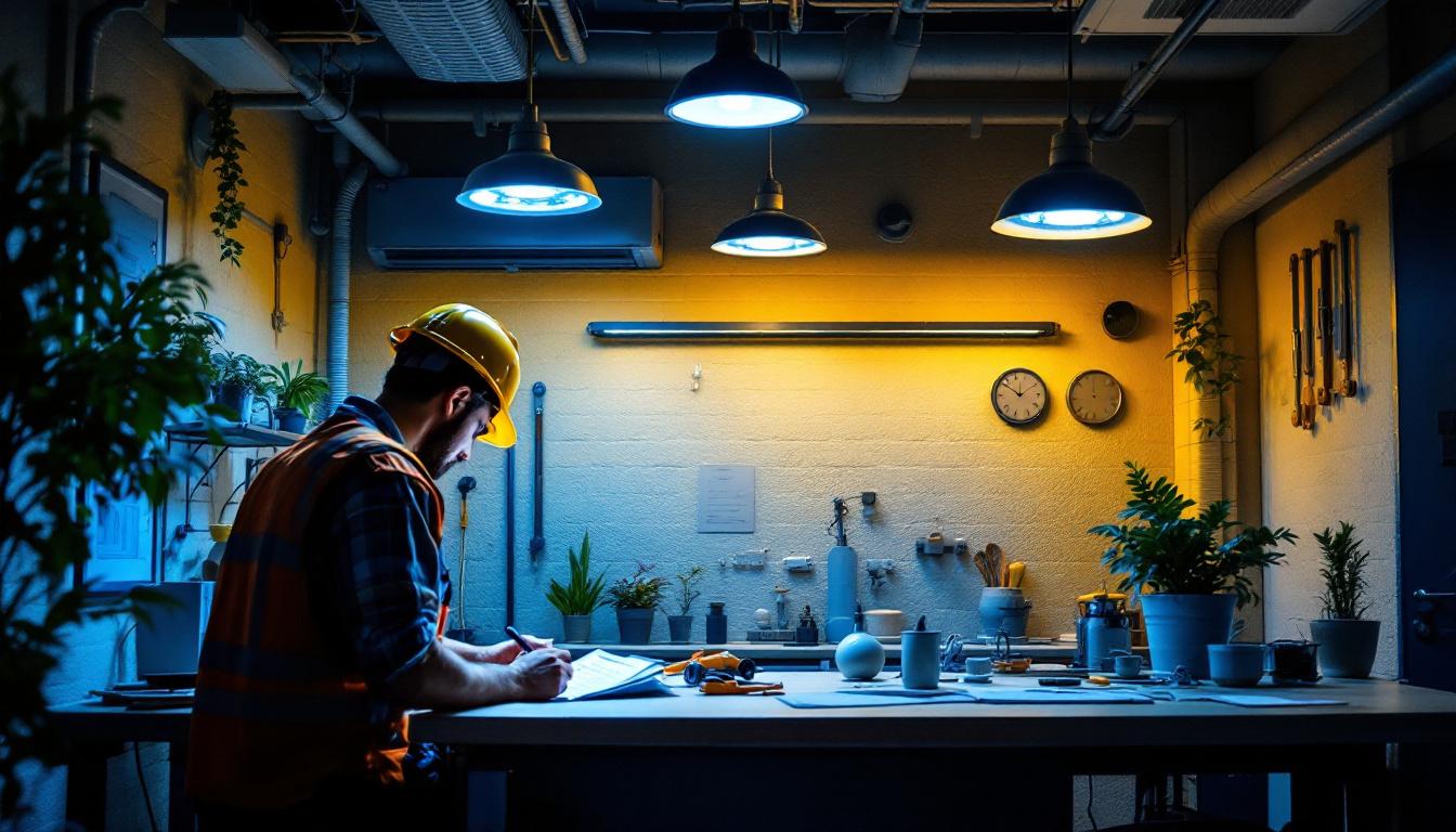 A photograph of a well-lit workspace featuring a variety of canopy led lights in different styles and settings