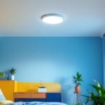 A photograph of capture a photograph of a well-lit room featuring a sleek 6-inch led recessed light installed in the ceiling