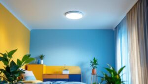 A photograph of capture a photograph of a well-lit room featuring a sleek 6-inch led recessed light installed in the ceiling