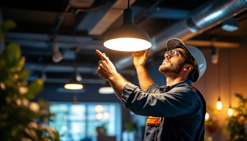 A photograph of a skilled lighting contractor installing a 4ft light fixture in a modern workspace