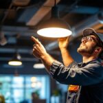 A photograph of a skilled lighting contractor installing a 4ft light fixture in a modern workspace