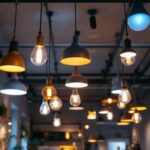 A photograph of a well-lit room featuring stylish drop-down ceiling lights in various designs