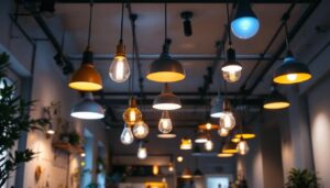 A photograph of a well-lit room featuring stylish drop-down ceiling lights in various designs