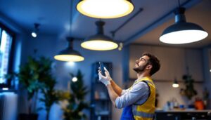 A photograph of a lighting contractor installing or showcasing high hat led fixtures in a modern interior setting