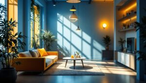 A photograph of a beautifully lit interior space showcasing innovative lighting designs