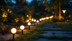 A photograph of a well-lit outdoor space showcasing various solar light bulbs in use