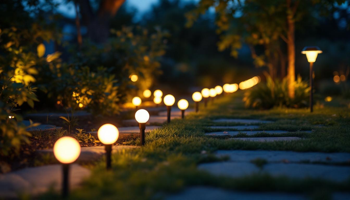 A photograph of a well-lit outdoor space showcasing various solar light bulbs in use