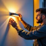 A photograph of a skilled lighting contractor installing a sleek wall solar light on an exterior wall