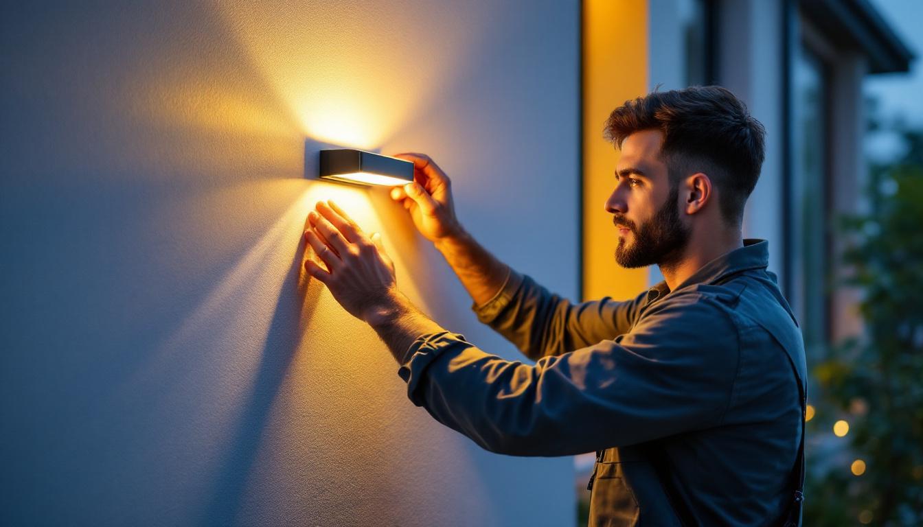 A photograph of a skilled lighting contractor installing a sleek wall solar light on an exterior wall