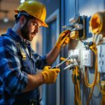 A photograph of a skilled lighting contractor installing or inspecting various types of electrical receptacles in a modern residential or commercial setting