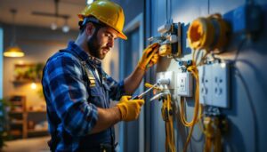 A photograph of a skilled lighting contractor installing or inspecting various types of electrical receptacles in a modern residential or commercial setting