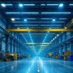A photograph of a well-lit industrial space showcasing linear high bay led lights in action