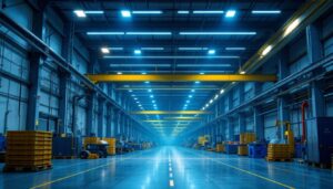 A photograph of a well-lit industrial space showcasing linear high bay led lights in action