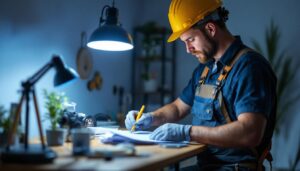 A photograph of a lighting contractor working on a residential project
