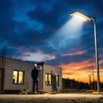 A photograph of a solar-powered led floodlight illuminating a construction site at dusk