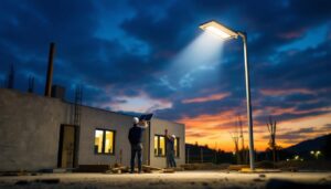 A photograph of a solar-powered led floodlight illuminating a construction site at dusk