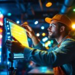 A photograph of a professional lighting contractor expertly installing or adjusting vibrant led lights in a modern interior space