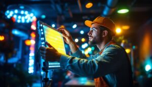 A photograph of a professional lighting contractor expertly installing or adjusting vibrant led lights in a modern interior space