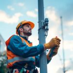 A photograph of a skilled lighting contractor replacing a lamp post in an urban setting