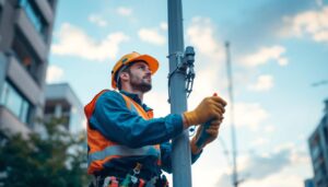 A photograph of a skilled lighting contractor replacing a lamp post in an urban setting