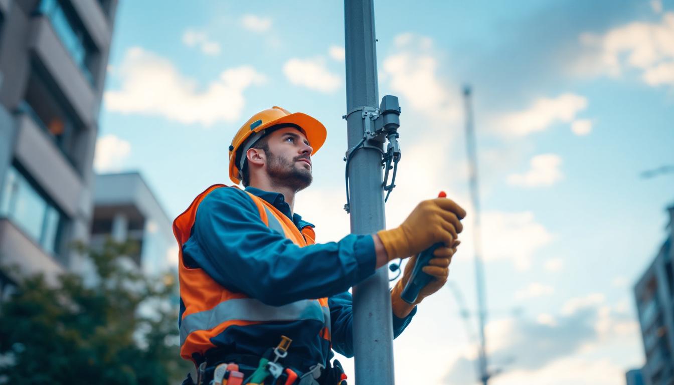A photograph of a skilled lighting contractor replacing a lamp post in an urban setting