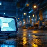 A photograph of a well-lit industrial or outdoor setting showcasing led flood lights in action