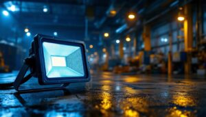 A photograph of a well-lit industrial or outdoor setting showcasing led flood lights in action