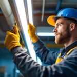 A photograph of a lighting contractor installing or replacing fluorescent tube lights in a commercial or industrial setting