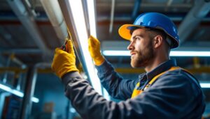 A photograph of a lighting contractor installing or replacing fluorescent tube lights in a commercial or industrial setting