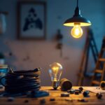 A photograph of a well-lit workspace featuring a 15 w type b bulb installed in an elegant fixture