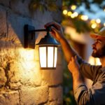 A photograph of a skilled lighting contractor installing a solar lantern on an outdoor wall