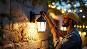 A photograph of a skilled lighting contractor installing a solar lantern on an outdoor wall