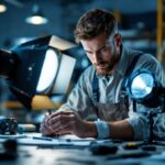 A photograph of a lighting contractor examining a par lamp in a well-lit workspace