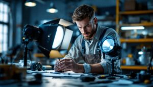 A photograph of a lighting contractor examining a par lamp in a well-lit workspace