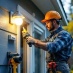 A photograph of capture a photograph of a lighting contractor expertly installing an outdoor light mount box on a residential exterior