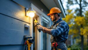 A photograph of capture a photograph of a lighting contractor expertly installing an outdoor light mount box on a residential exterior