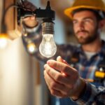 A photograph of a lighting contractor in action