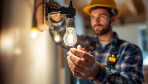 A photograph of a lighting contractor in action