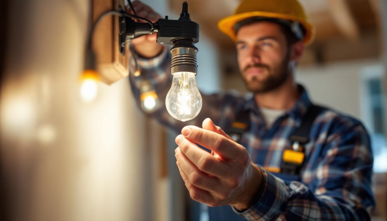 A photograph of a lighting contractor in action