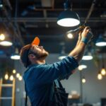 A photograph of a skilled lighting contractor at work