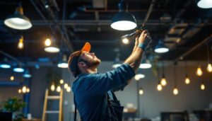 A photograph of a skilled lighting contractor at work