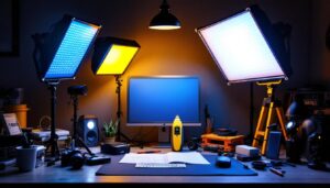 A photograph of a well-lit workspace showcasing a variety of led lights specifically designed for high hats
