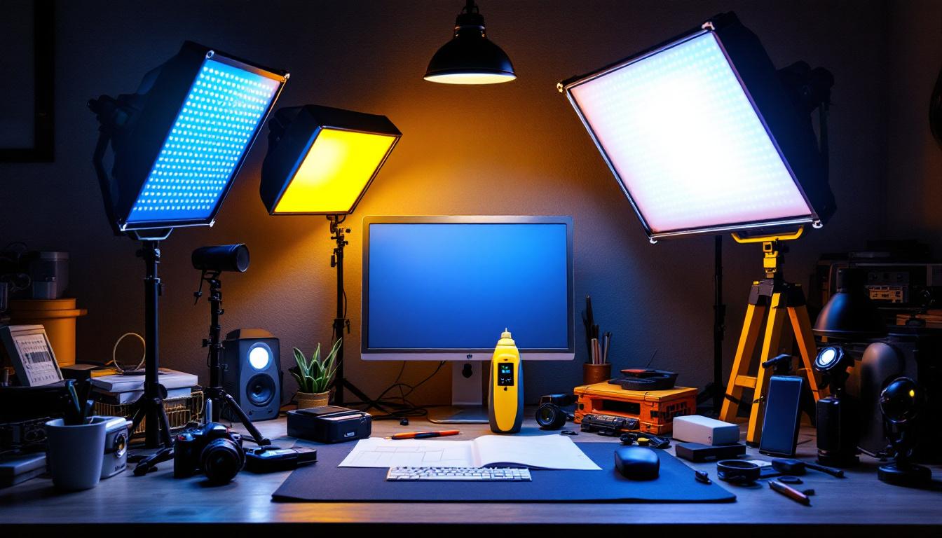 A photograph of a well-lit workspace showcasing a variety of led lights specifically designed for high hats