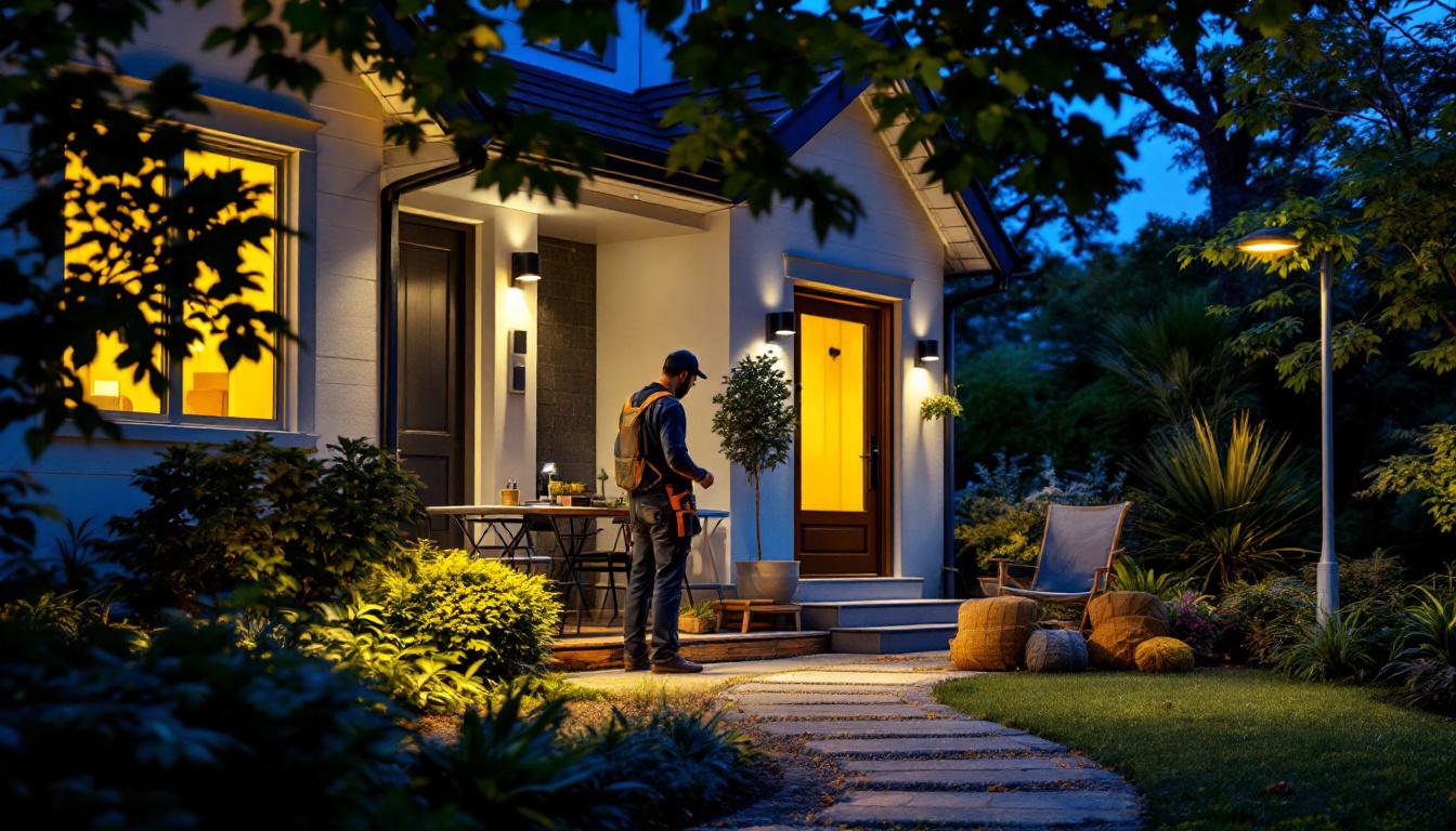 A photograph of a well-lit outdoor scene featuring a smart lighting setup with light sensors in action