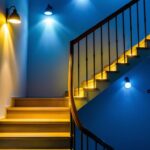 A photograph of a well-lit staircase featuring various types of stairway lighting fixtures