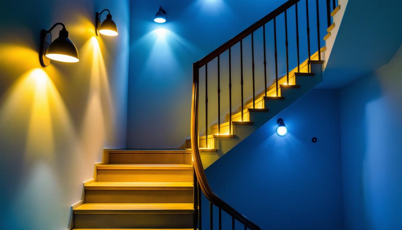 A photograph of a well-lit staircase featuring various types of stairway lighting fixtures